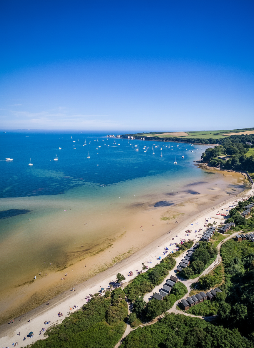 Clear water and sandy beach at Studland Bay, a favourite anchorage on the Dorset coast