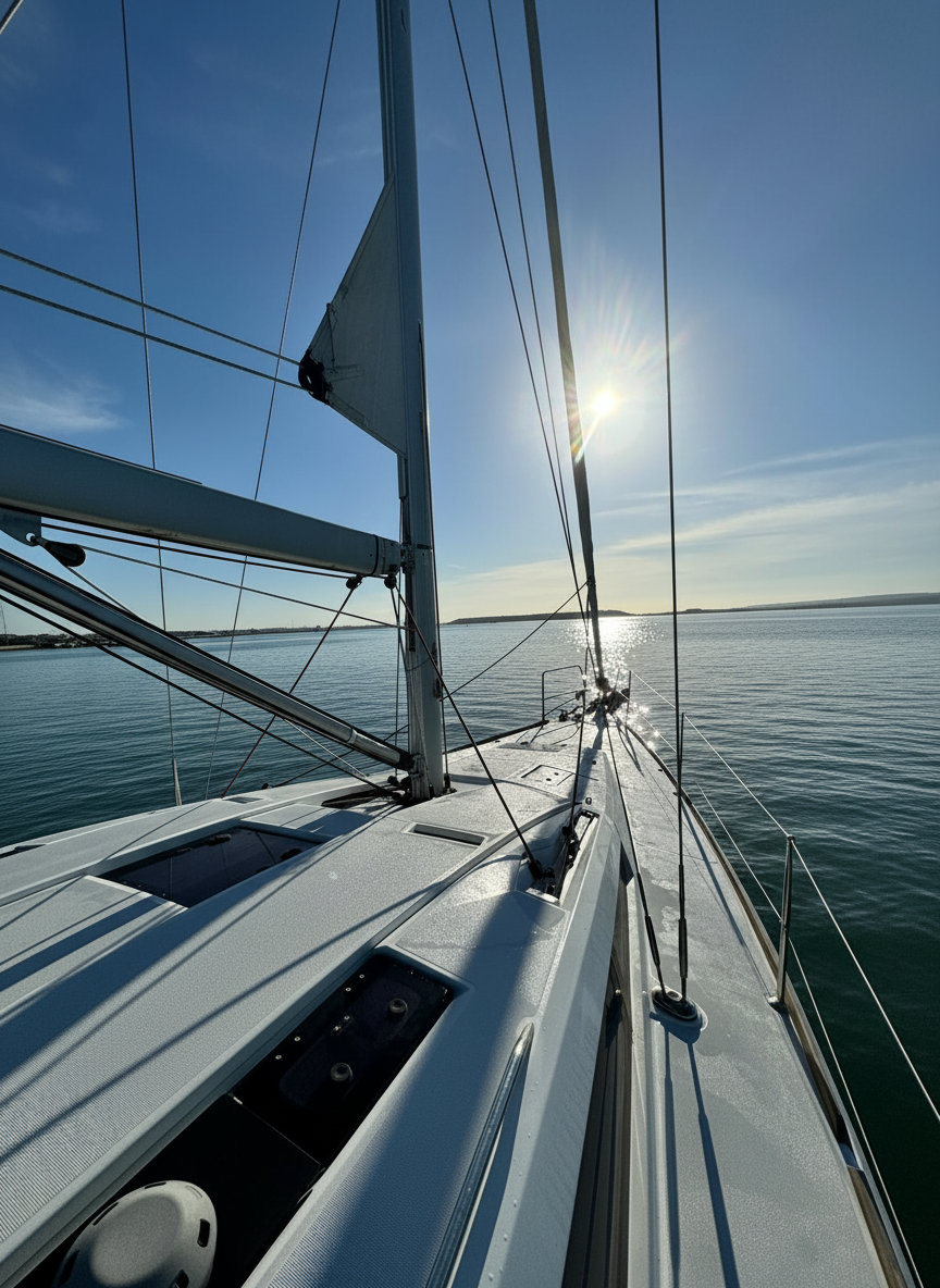 Spacious teak cockpit and deck of a Jeanneau Sun Odyssey 41ds charter yacht