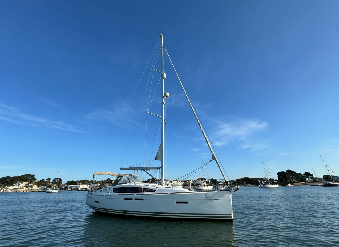 Jeanneau Sun Odyssey 41ds moored in Poole Harbour, luxury charter yacht exterior
