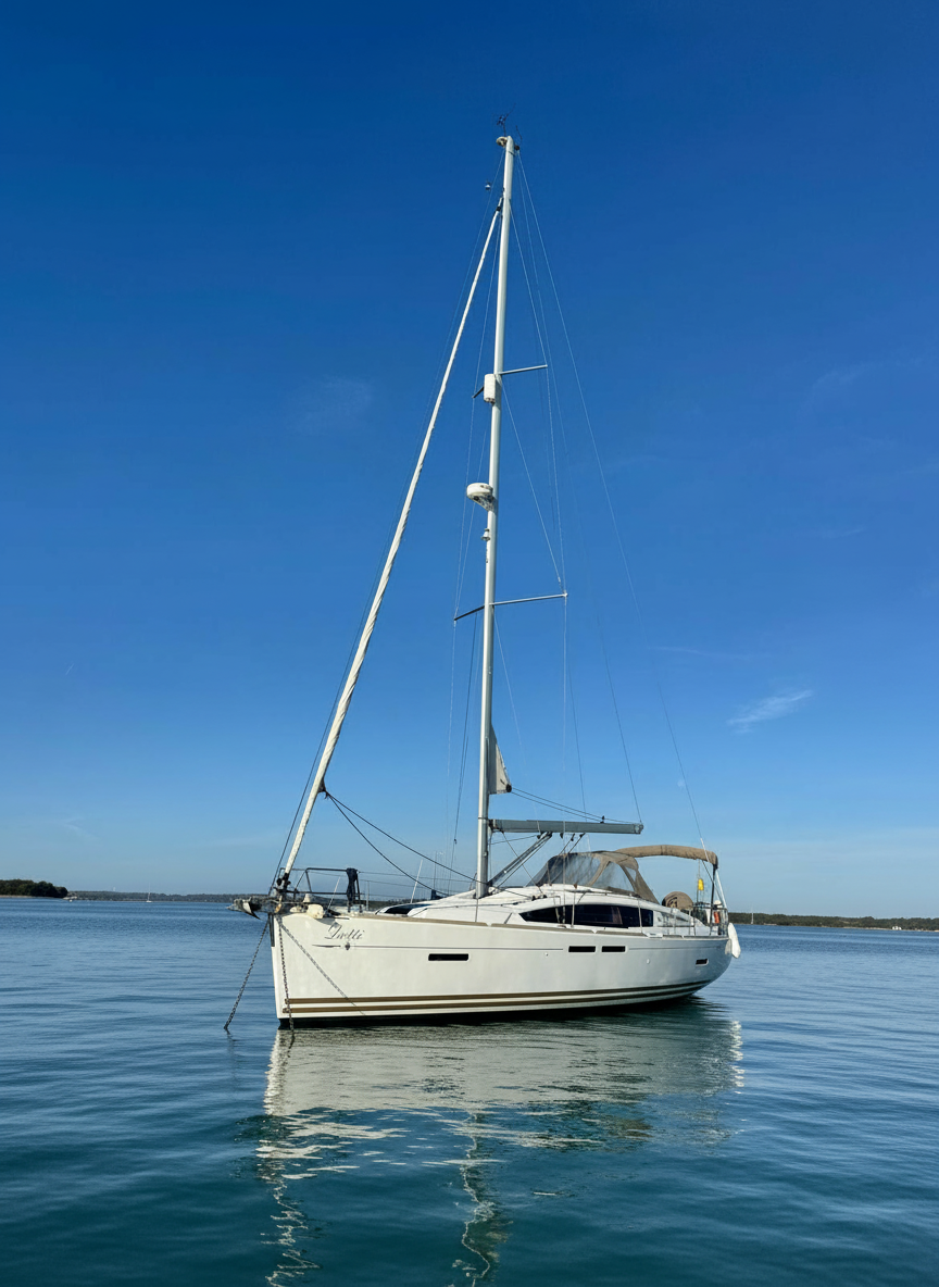 Profile view of the Jeanneau Sun Odyssey 41ds sailing yacht available for charter from Poole